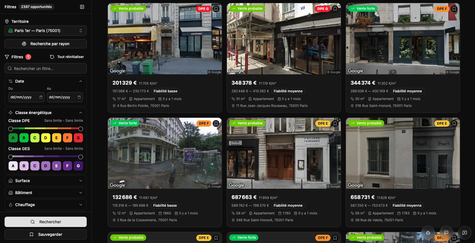 Interface Patronome , vue liste pré-market avec fiches biens, photos Street View, prix et classe DPE