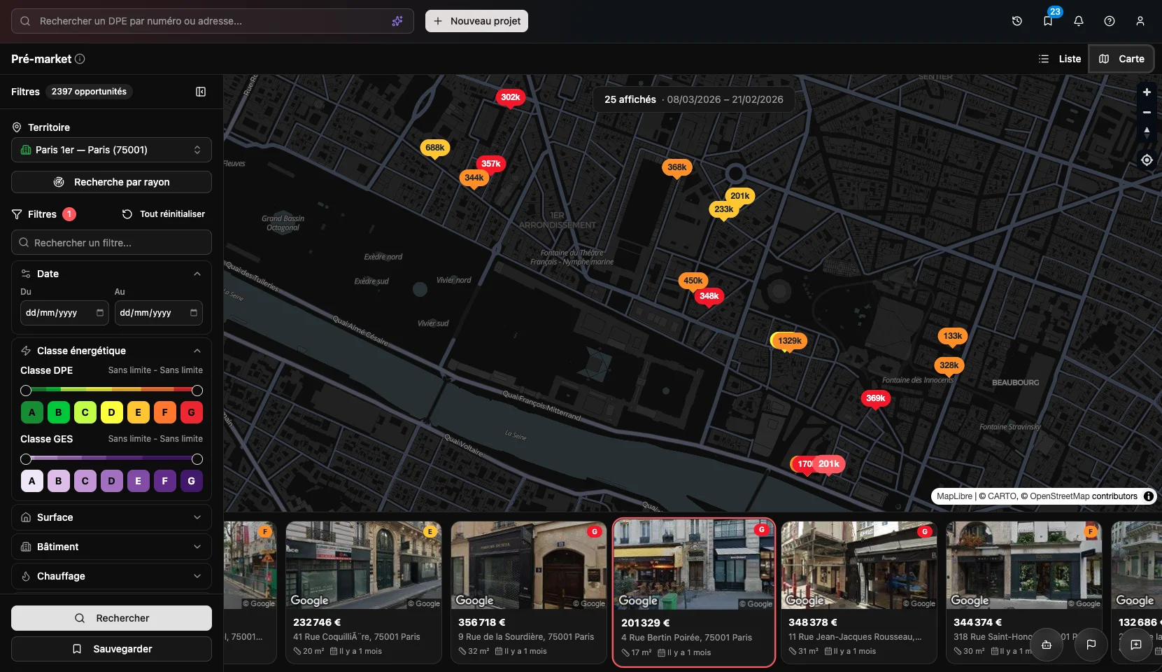 Interface Patronome , carte pré-market avec filtres DPE, surface, chauffage et prix estimés par bien
